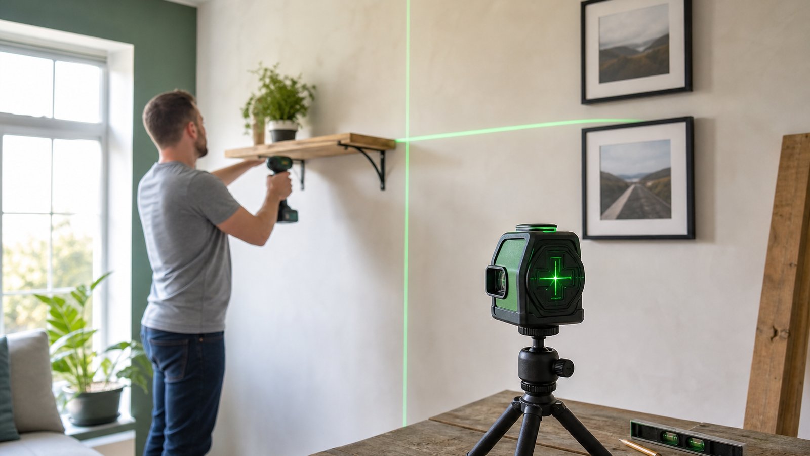 Green cross-line laser level projecting lines on a wall