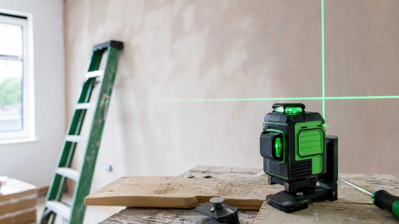 Green cross-line laser level projecting lines on a wall